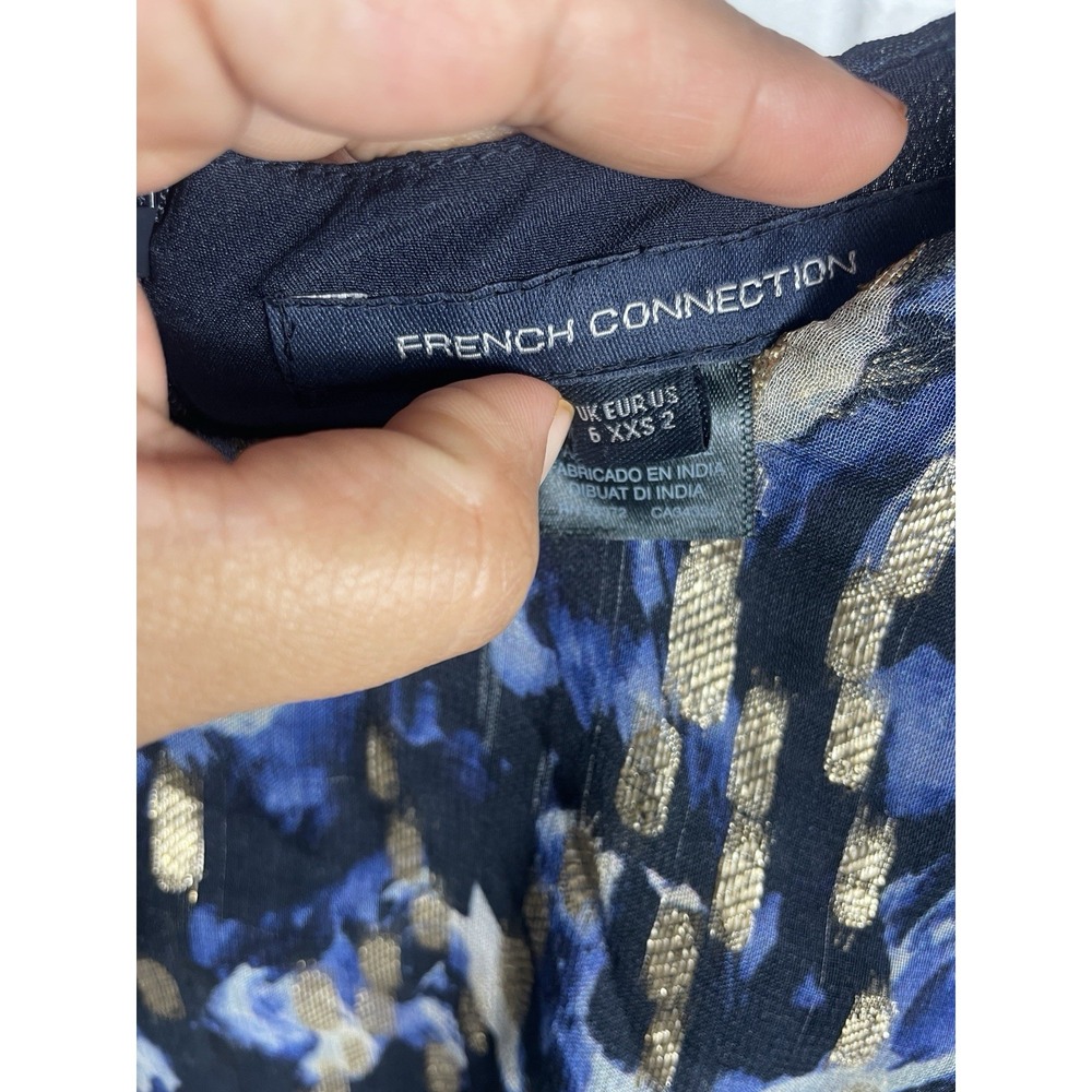 New French Connection metallic print mini dress Size 2 blue gold party holiday - Picture 3 of 6